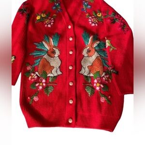 Source Unknown Red Sweater with Tiger and Floral Embroidery. Mid length